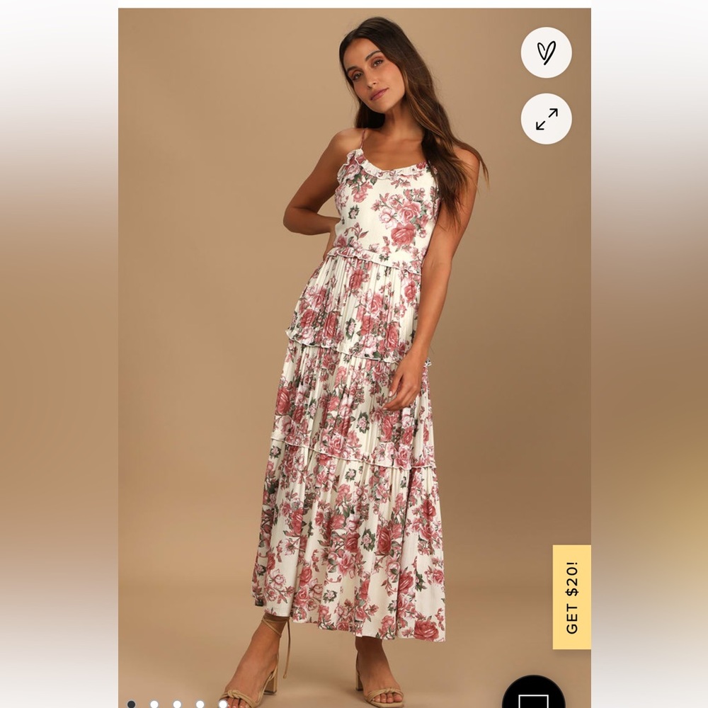 Lulu’s Cream Floral Print Tiered Maxi Dress - Size S